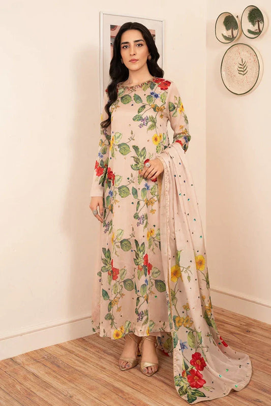 Picture of <!--bdk-->Stitch Vibes - Morganite RTW Collection - 3 PC - Beige Silk Dress - Available at Raja Sahib