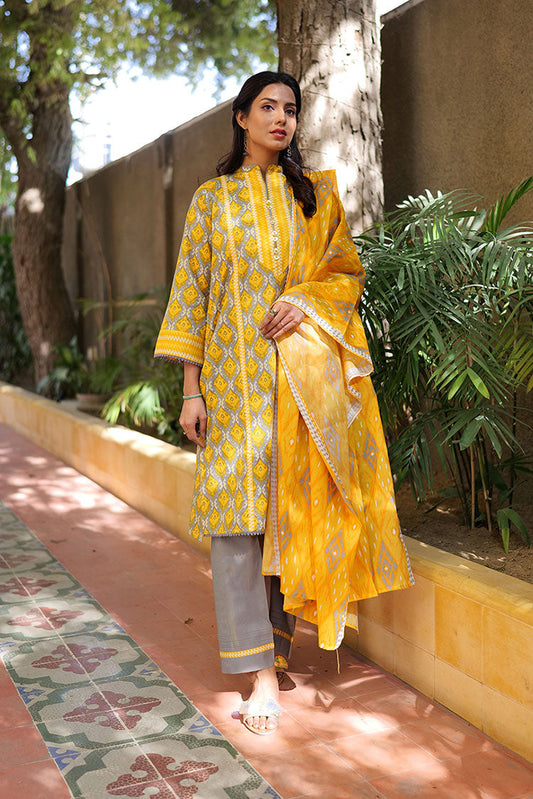 Senorita - LAD-02216 | Grey & yellow | Casual 3 Piece Suit | Cotton Lawn Print
