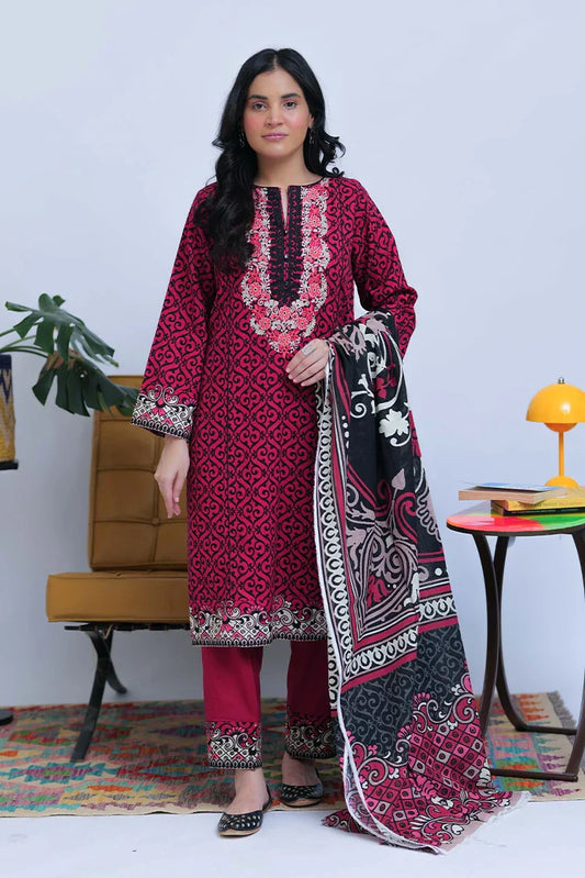 LAD-02548 | Shocking Pink & Black | Casual 3 Piece Suit | Cotton Khaddar Printed