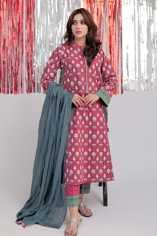 Senorita - LBD-02569 | Shocking Pink & Multicolor | Casual 3 Piece Suit | Cotton Emboss Print