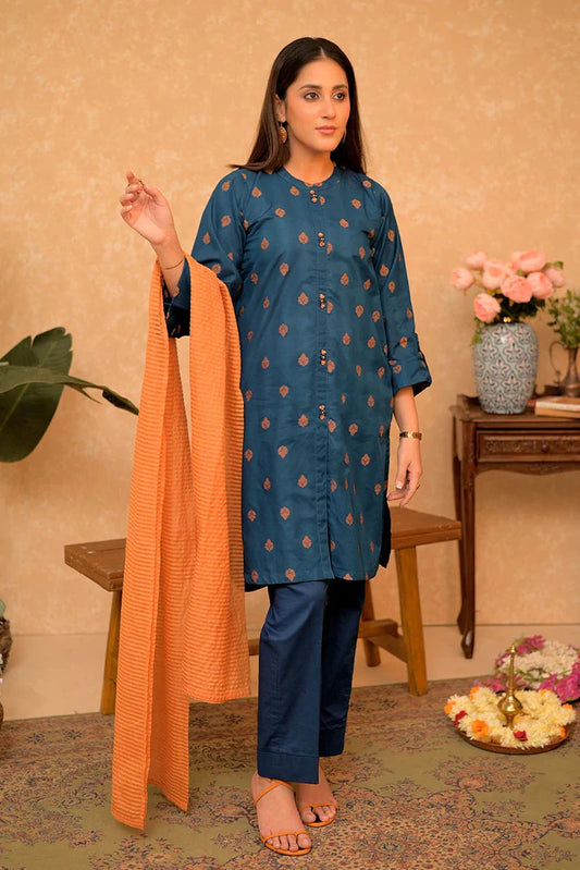 Picture of LAD-02919 | Blue & Orange | Casual 3 Piece Suit | Cotton Jacquard - Available at Raja Sahib