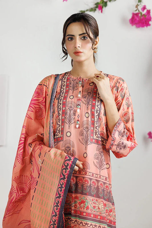 Picture of LAD-03011 | Peach & Multicolor | Casual 3 Piece Suit | Cotton Lawn Printed - Available at Raja Sahib
