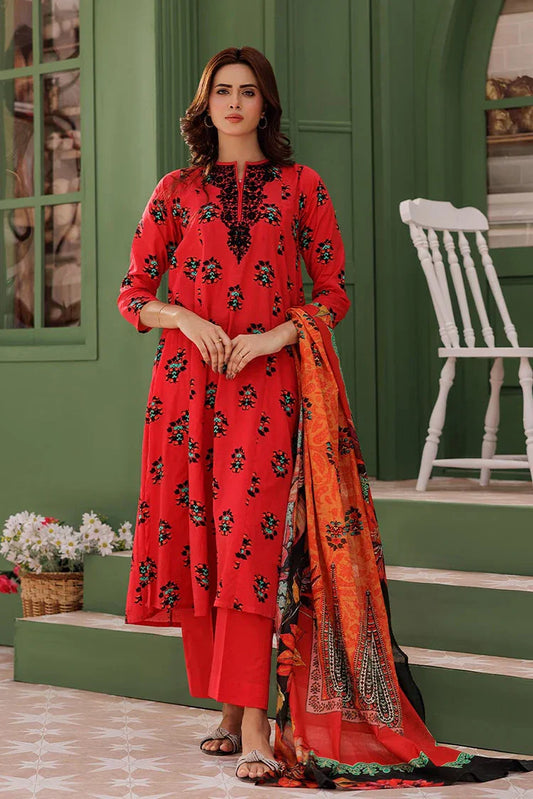 Picture of <!--aju-->LAD-03013 | Red & Multicolor | Casual 3 Piece Suit | Cotton Lawn Printed - Available at Raja Sahib