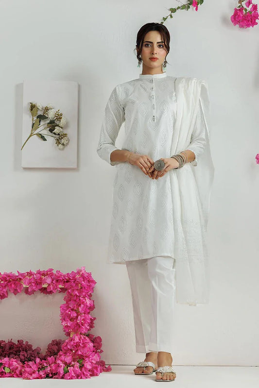 LAD-03114 | White & silver | Casual 3 Piece Suit | Plain Cotton