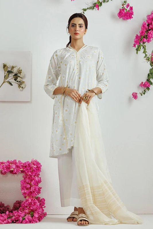 LAD-03169 | White & Gold | Casual 3 Piece Suit | Cotton Lawn Printed