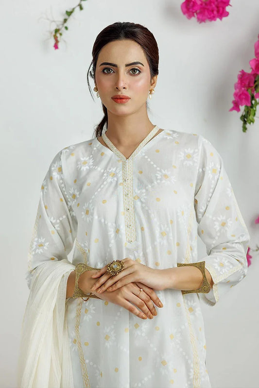 LAD-03169 | White & Gold | Casual 3 Piece Suit | Cotton Lawn Printed