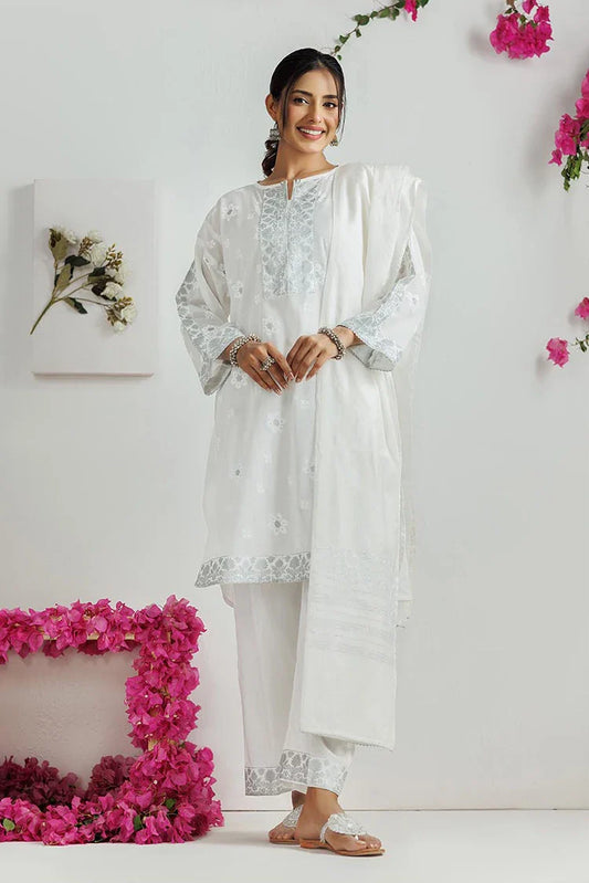 LAD-03170 | White & Silver | Casual 3 Piece Suit | Cotton Lawn Printed