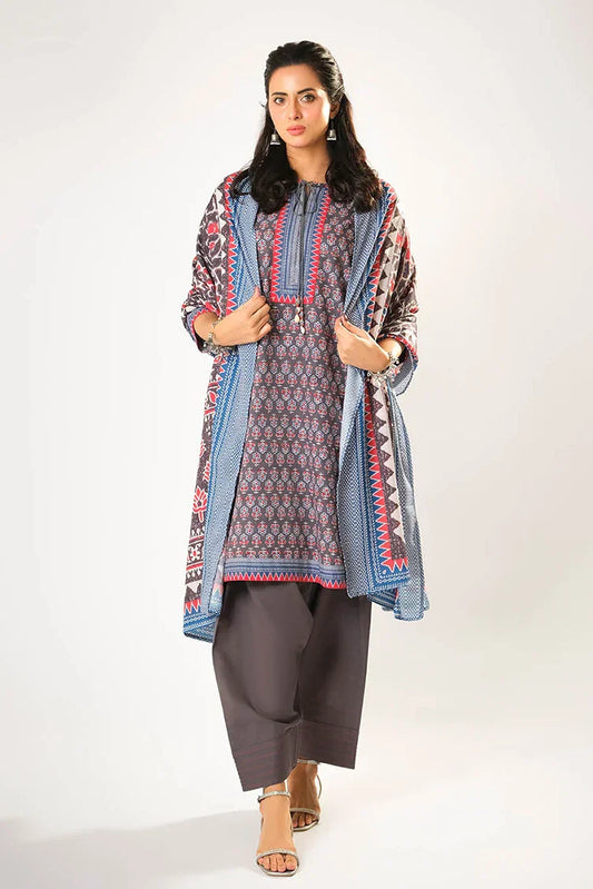 Women winter clothes | Grey & Multicolor | Casual 3 Piece Suit | Cotton Khaddar Printed | LAD-03196