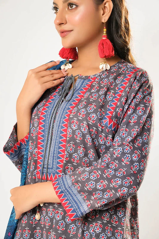 Women winter clothes | Grey & Multicolor | Casual 3 Piece Suit | Cotton Khaddar Printed | LAD-03196