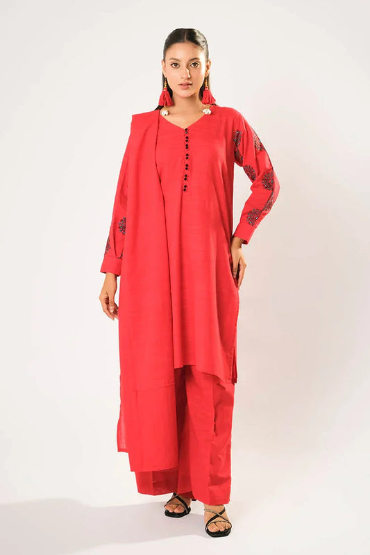 Women winter clothes | Red | Casual 3 Piece Suit | Cotton Khaddar Plain | LAD-03203