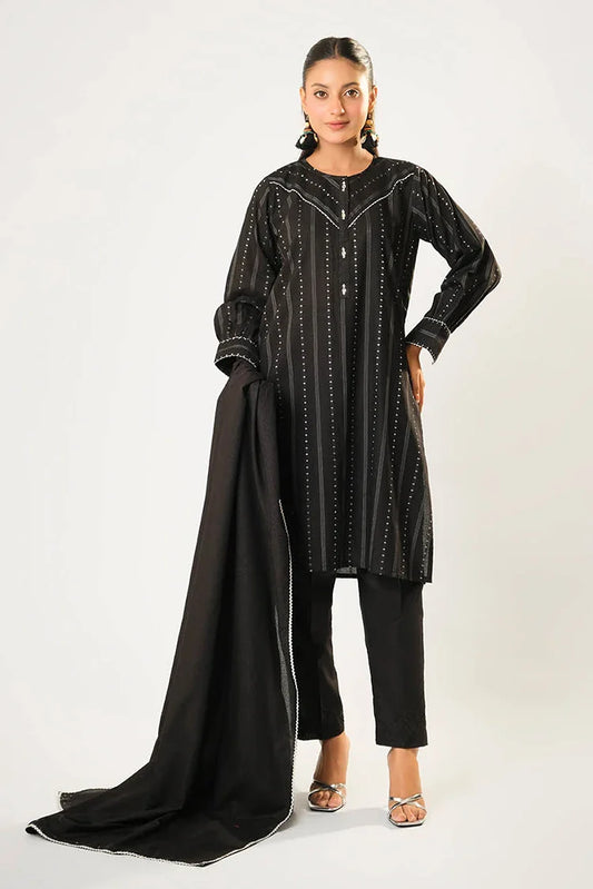Women winter clothes | Black & Silver | Casual 3 Piece Suit | Cotton Karandi Dobby | LAD-03210