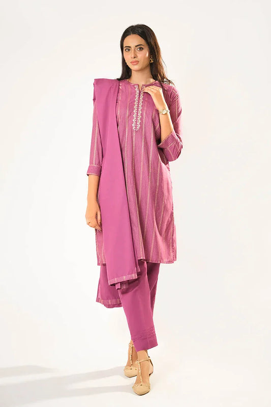 Women winter clothes | S.Pink & Gold | Casual 3 Piece Suit | Cotton Karandi Dobby | LAD-03211