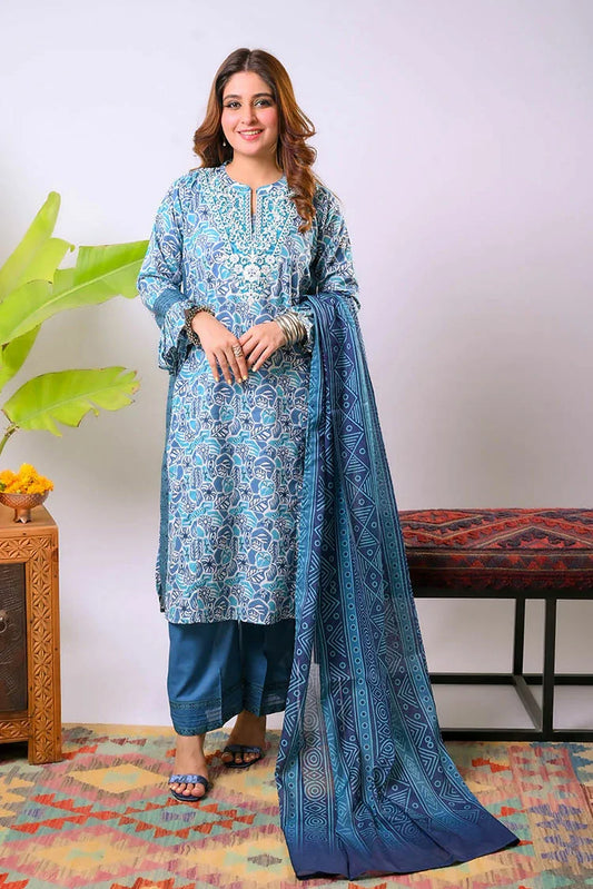 Senorita - Blue & Multicolor - Casual 3 Piece Suit - Cotton Lawn Printed - LAD-03364
