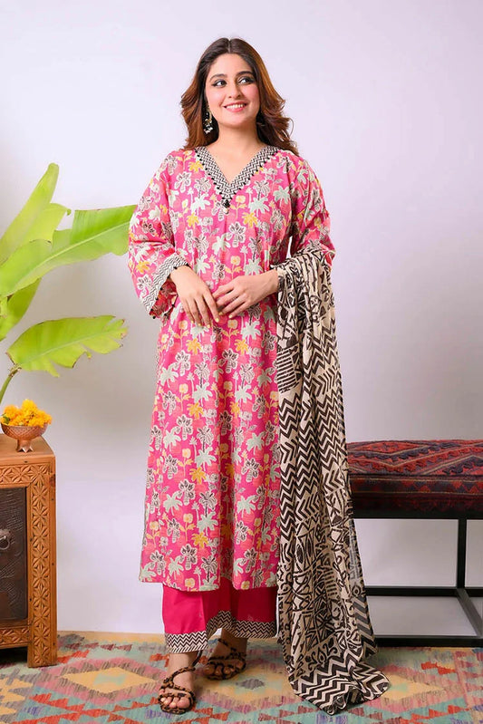 Senorita - Shocking Pink & Multicolor - Casual Plus 3 Piece Suit - Cotton Lawn Printed - LAD-03365