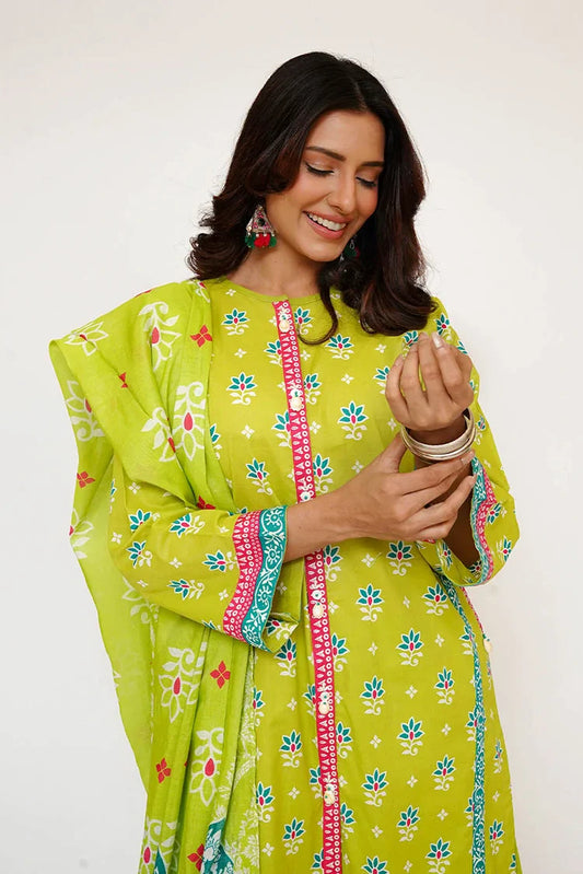 Senorita - Women Eid Dress - Parrot Green & Multicolor - Casual 3 Piece Suit - LAD-03433