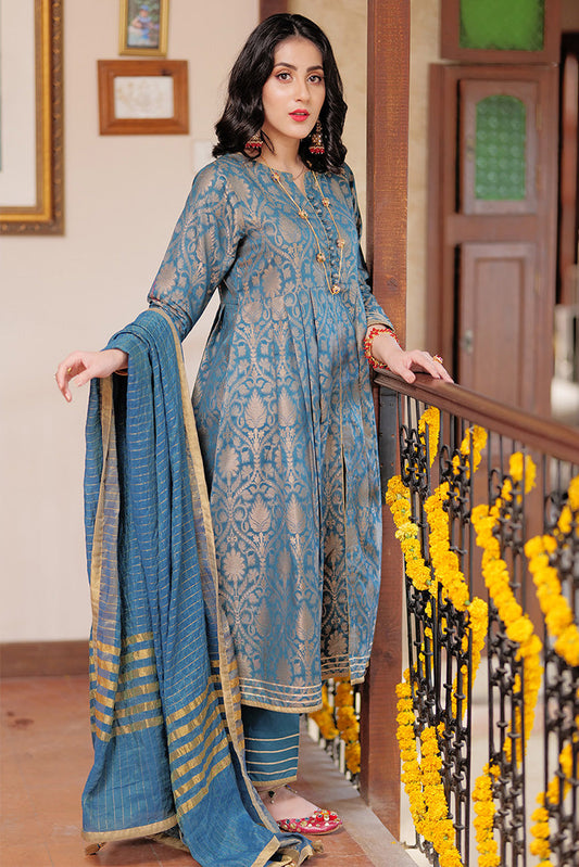Senorita - LBD-02261 | Tarqvise Blue & Golden | Casual 3 Piece Suit | Cotton Jacquard