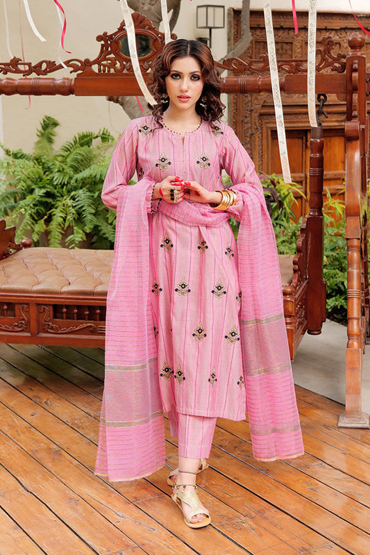 Picture of <!--cdu-->Senorita - LBD-02561 | Pink & Black | Casual plus 3 Piece Suit | Cotton Yarn dyed Jacquard - Available at Raja Sahib