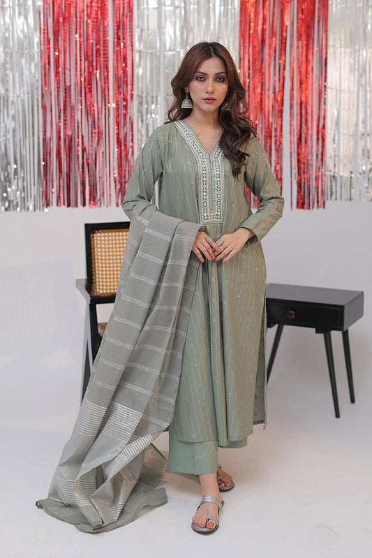 Picture of <!--bhg-->Senorita - LBD-02586 | Green & Silver | Casual plus 3 Piece Suit | Cotton Dobby Jacquard - Available at Raja Sahib