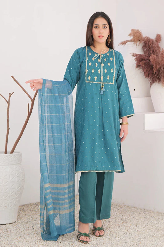 Picture of <!--awp-->LBD-02709 | Turqouise Green & Gold | Casual Plus 3 Piece Suit | Cotton Viscose Filament Jacquard - Available at Raja Sahib