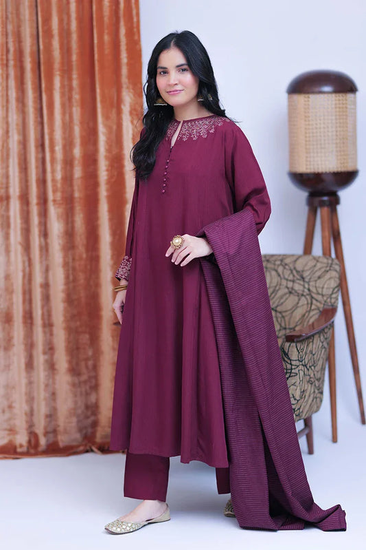 LBD-02824 | Maroon & Gold | Casual 3 Piece Suit | Viscose Self Dobby