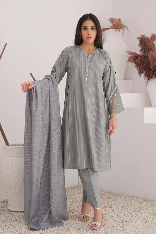 Picture of <!--awo-->LBD-02896 | Grey & Silver | Casual Plus 3 Piece Suit | Cotton Dobby Jacquard - Available at Raja Sahib
