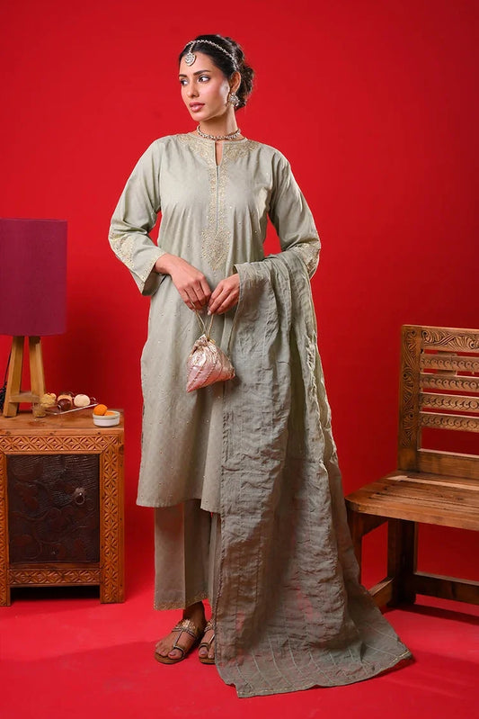 Senorita - Women Eid Dress - M.Green & Gold - Casual Plus 3 Piece Suit - LBD-03355