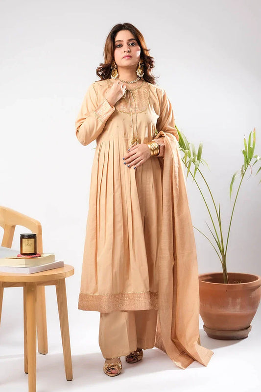 Senorita - Women Eid Dress - Fawn & Gold - Casual Plus 3 Piece Suit - LBD-03393