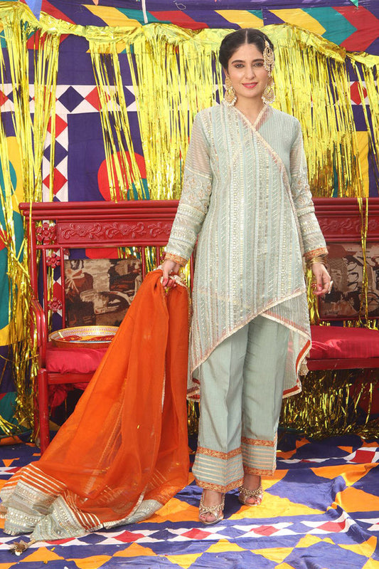 Senorita - LDD-01889 | Light Green & Golden | Formal 3 Piece Suit | Pure Banarsi Organza Self Strip