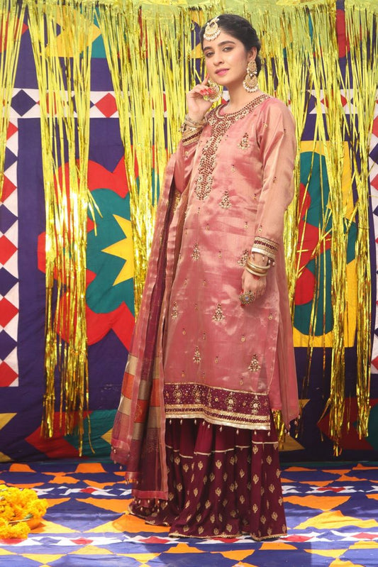 Senorita - LDD-01890 | Magenta & Golden | Formal 3 Piece Suit | Banarsi Organza Tissue