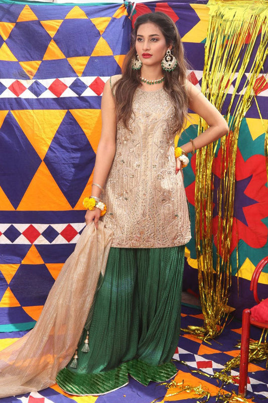 Senorita - LDD-01891 | Beige & Green | Formal 3 Piece Suit | Pure Banarsi Organza Self Base