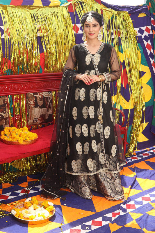 Senorita - LDD-01893 | Black & Golden | Formal 3 Piece Suit | Pure Banarsi Indian Net