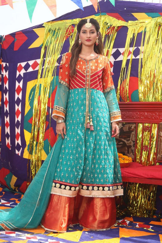 Senorita - LDD-01897| Tarqvise Green & Rust | Formal 3 Piece Suit | Pure Banarsi Organza Plain