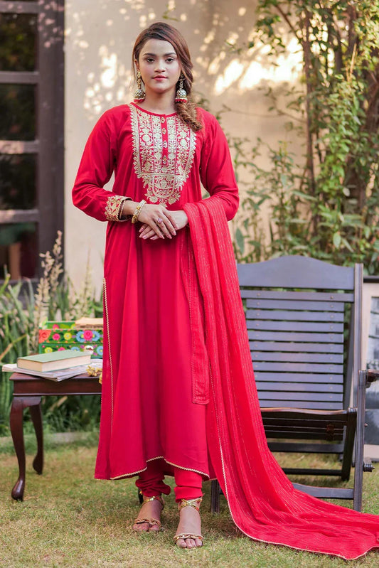 Picture of <!--bau-->LDD-02740 | Red & Gold | Formal 3 Piece Suit | Viscose Raw Silk - Available at Raja Sahib