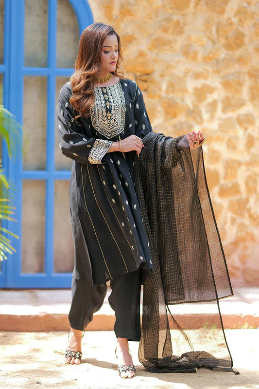 Picture of <!--bat-->LDD-02741 | Black & Gold | Formal 3 Piece Suit | Viscose Raw Silk - Available at Raja Sahib
