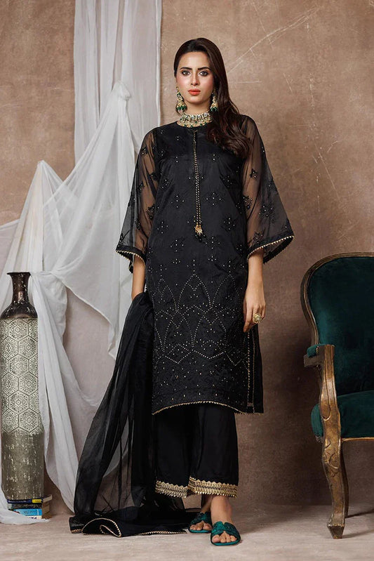 Women formal dress | Black & Multicolor | Formal 3 Piece Suit | Banarsi Organza Plain Nylon | LDD-03092