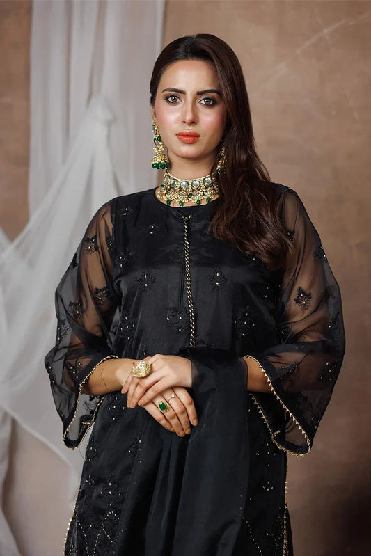 Women formal dress | Black & Multicolor | Formal 3 Piece Suit | Banarsi Organza Plain Nylon | LDD-03092