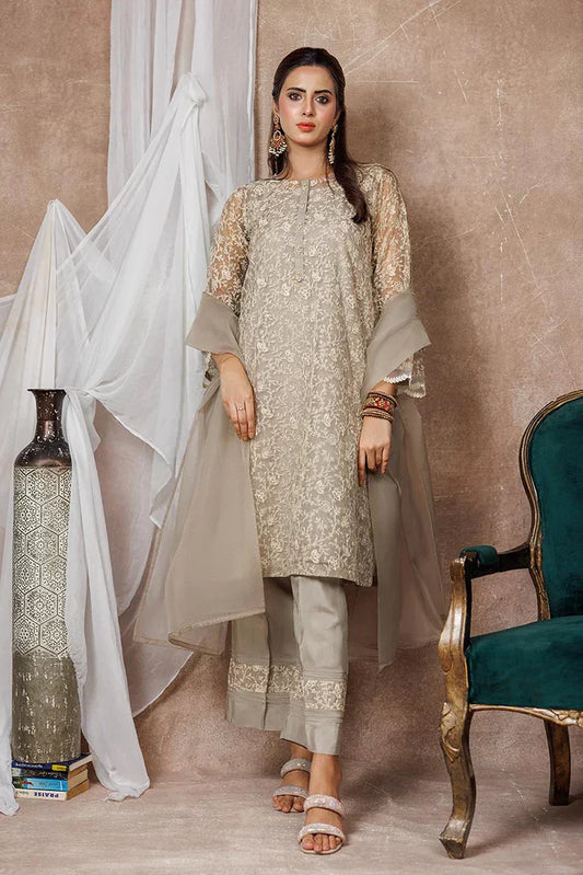 Women formal clothes | Beige & Fawn | Formal 3 Piece Suit | Banarsi Organza Plain Nylon | LDD-03094