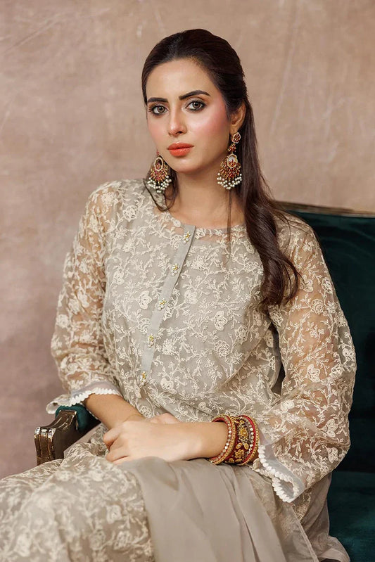 Women formal clothes | Beige & Fawn | Formal 3 Piece Suit | Banarsi Organza Plain Nylon | LDD-03094