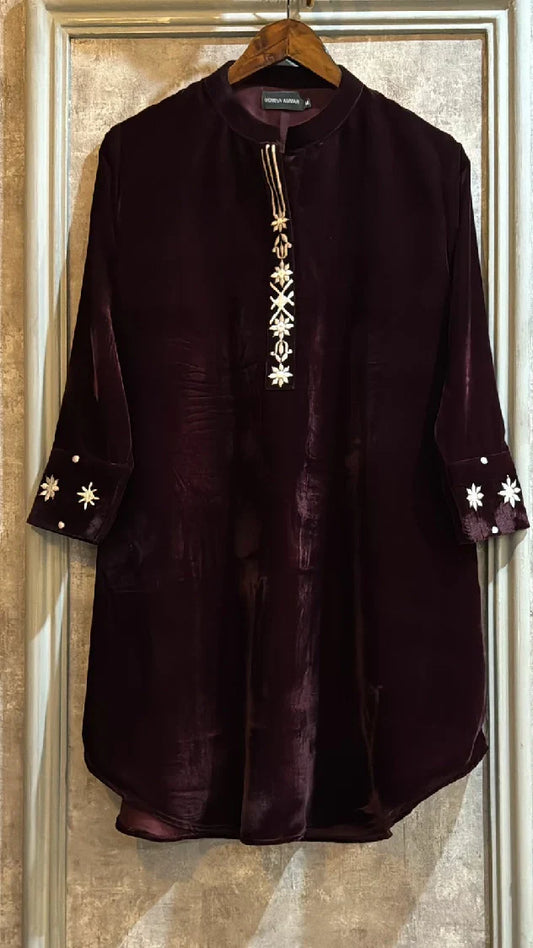 Picture of Manahils - Burgundy Embroidered Velvet Co-Ord - Available at Raja Sahib