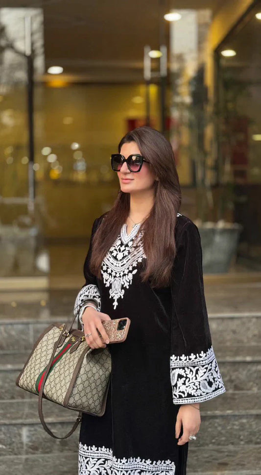 Picture of Manahils - Black Embroidered Velvet Co-Ord (Pay Now) - Available at Raja Sahib