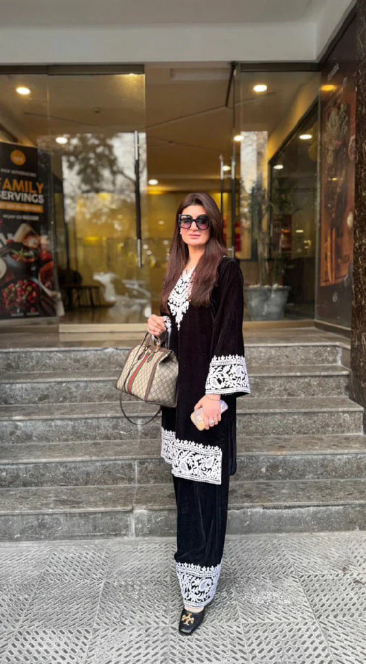 Picture of Manahils - Black Embroidered Velvet Co-Ord (Pay Now) - Available at Raja Sahib