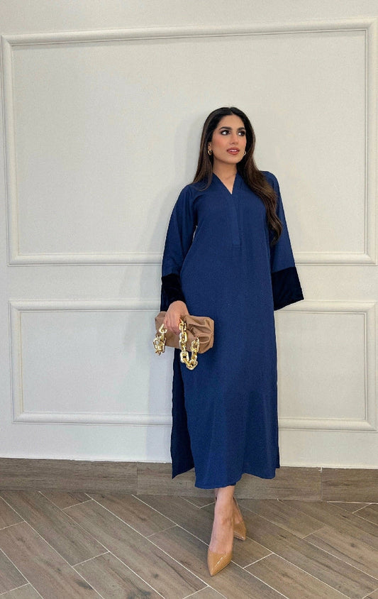 Picture of Manahils - Blue Long Set With Velvet Tunic - Available at Raja Sahib
