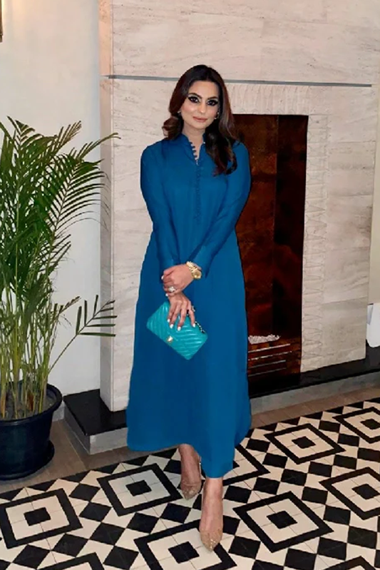 Picture of Manahils - Teal Blue Button Set Tunic - Available at Raja Sahib