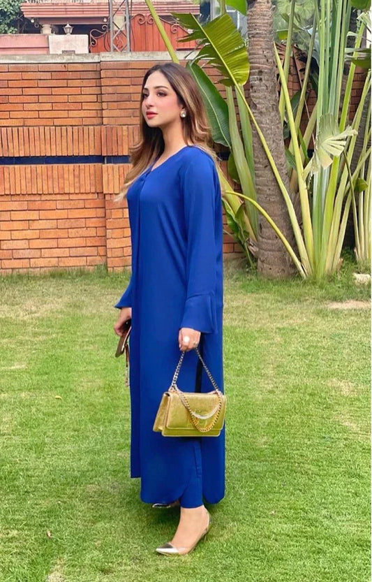 Picture of Manahils - Tunic V Neck Pleated Blue Two Pc - Available at Raja Sahib