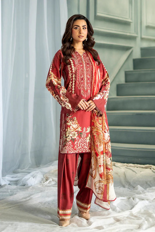 Meerak - 3 PC Embroidered Linen Pret - Rust Ember
