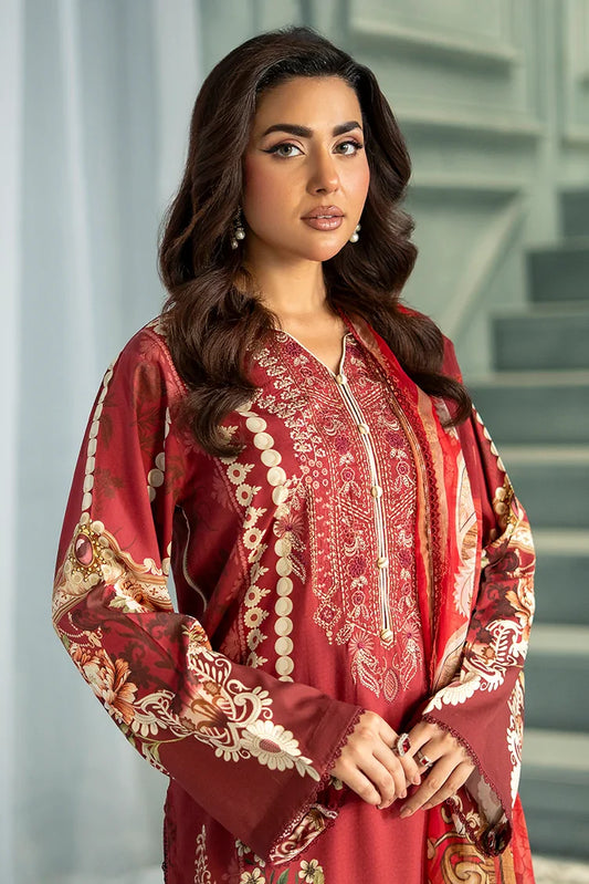 Meerak - 3 PC Embroidered Linen Pret - Rust Ember