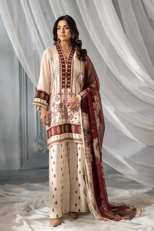 Meerak - 3 PC Embroidered Linen Pret - Beige Rose