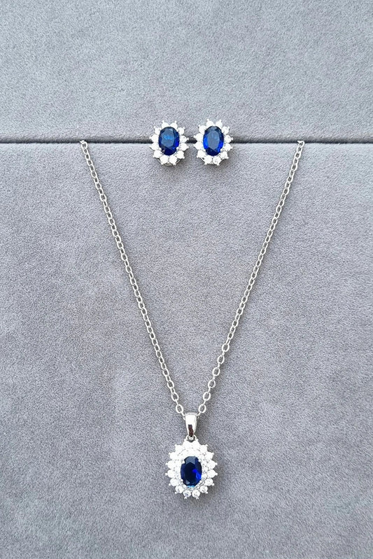 Pastels - Blue Sapphire Oval Necklace & Earrings Jewelry Set - S055