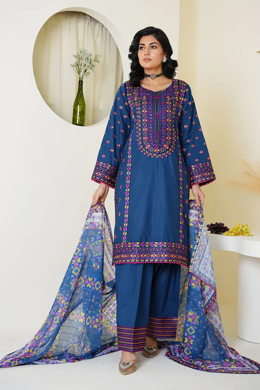 Threads & Weaves - Embroidered Lawn 3 Piece Suit - Royal Blue