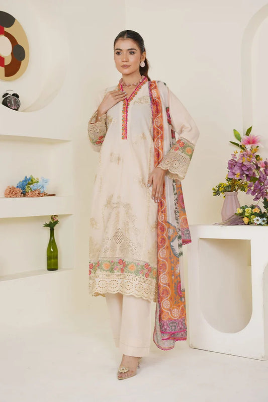 Threads & Weaves - Embroidered Lawn 3 Piece Suit - Ivory Cream
